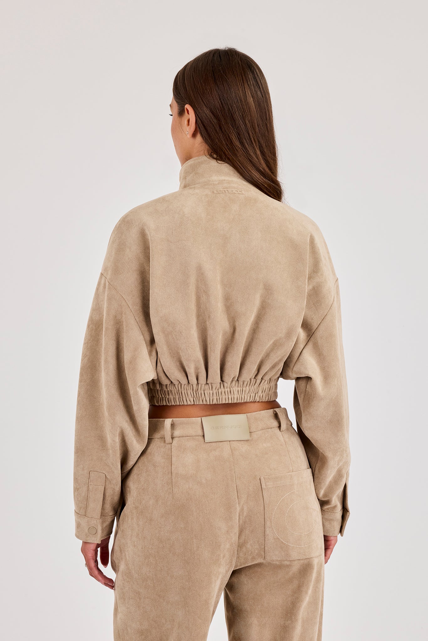Suede Cropped Funnel Neck Jacket - Beige